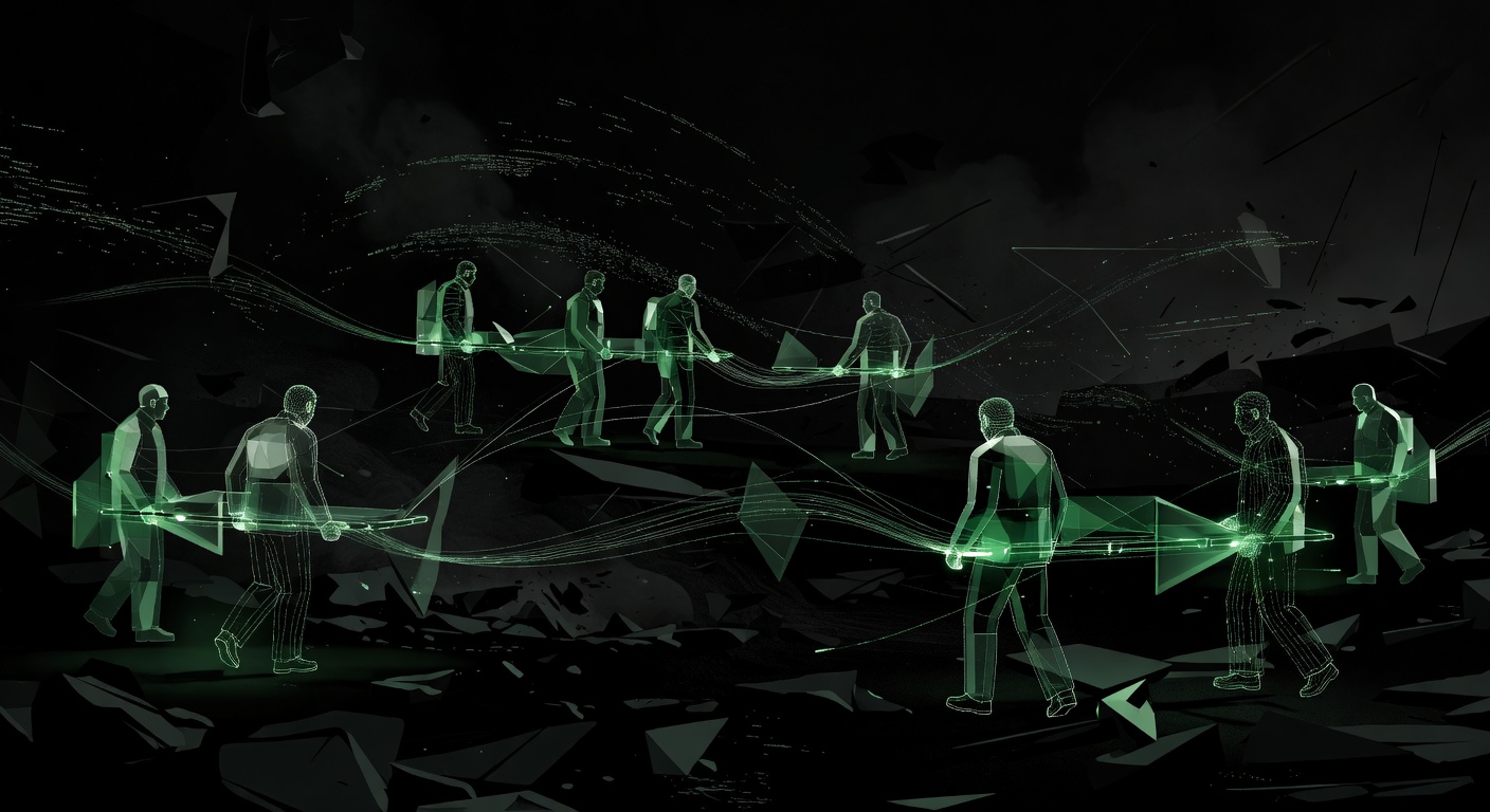 Abstract digital representation of a medical rescue team in dark green glow